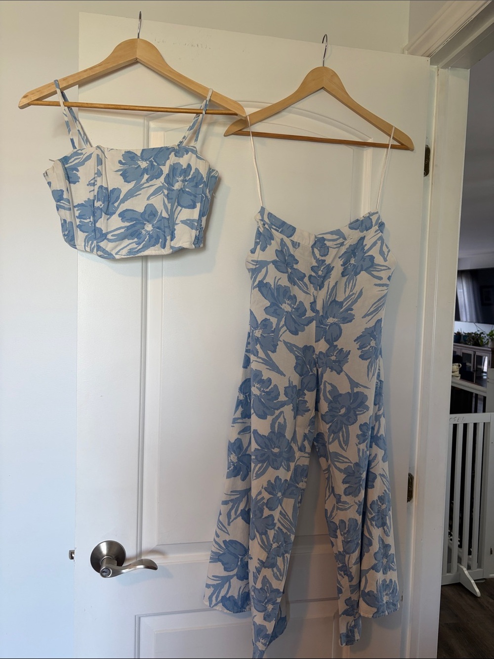 Blue Floral Wide-Leg Jumpsuit and Crop Top Set